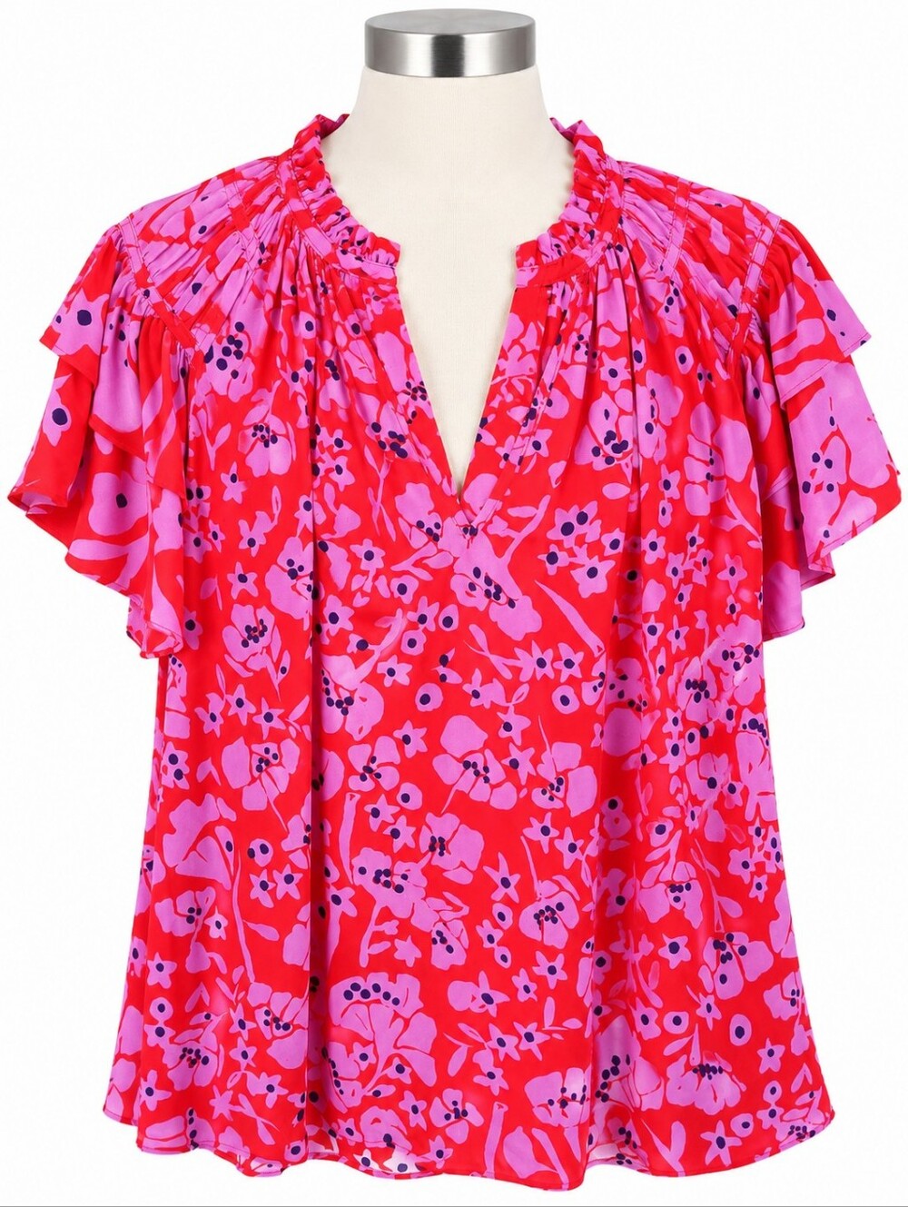 Caballero Ruffle Floral Blouse Top XS Red Pink Layered Flutter Sleeve V-Neck